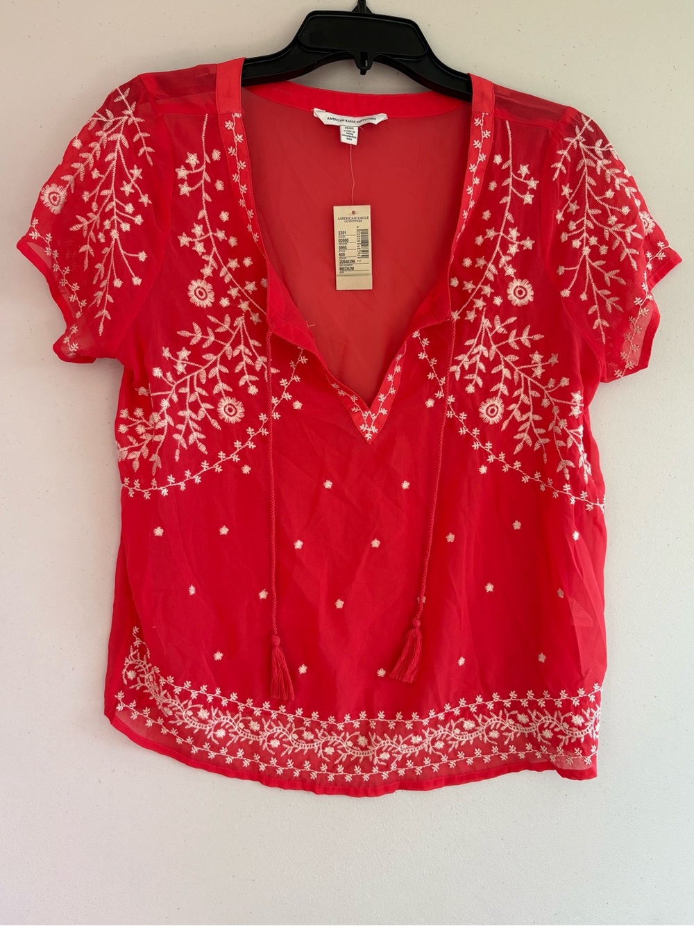 American Eagle Outfitters Red V-Neck Embroidered Tassel Blouse